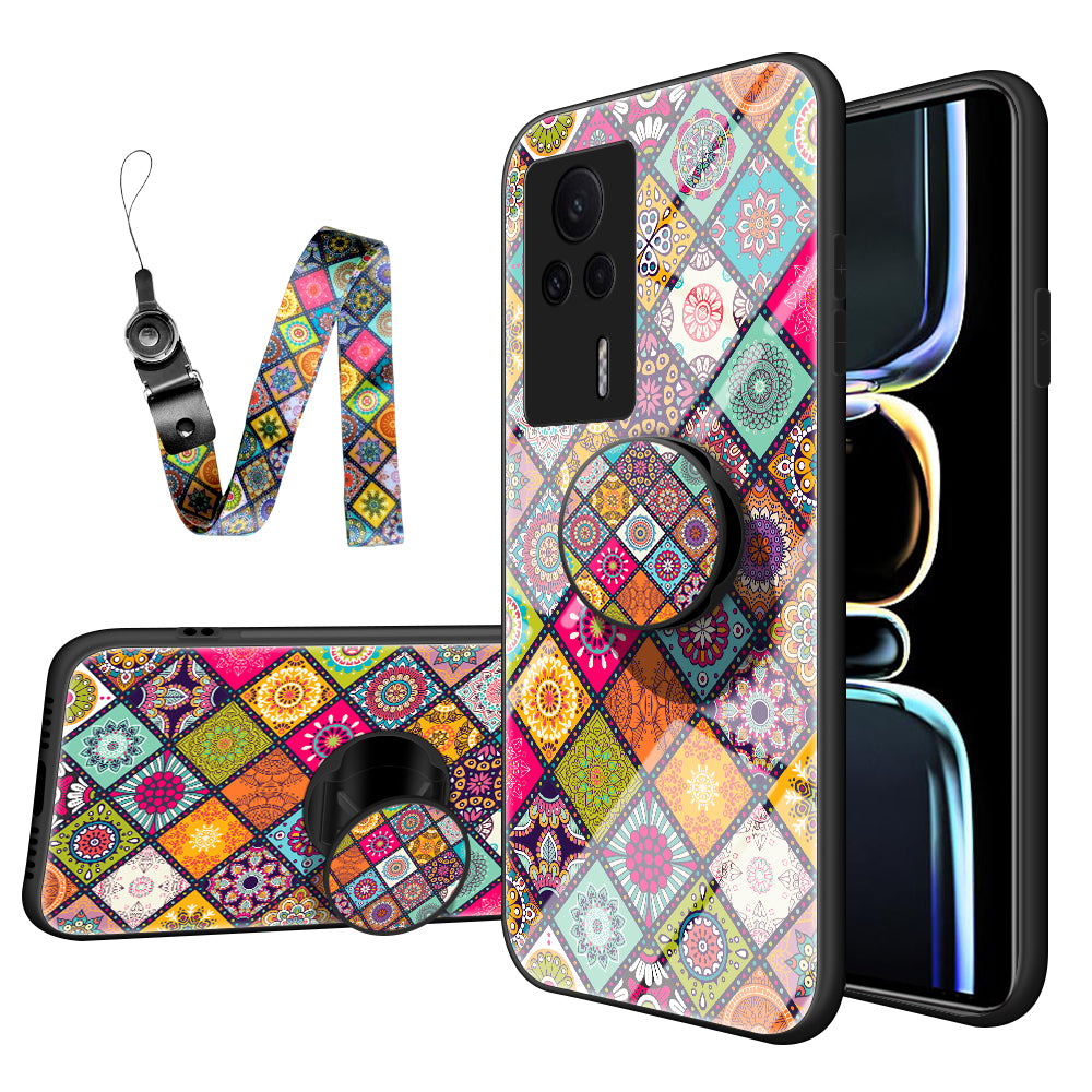For Xiaomi Redmi K60E 5G Flower Pattern Phone Case Kickstand PC TPU Tempered Glass Cover with Lanyard For Xiaomi Redmi K60E 5G Flower Pattern Phone Case Kickstand PC TPU Tempered Glass Cover with Lanyard